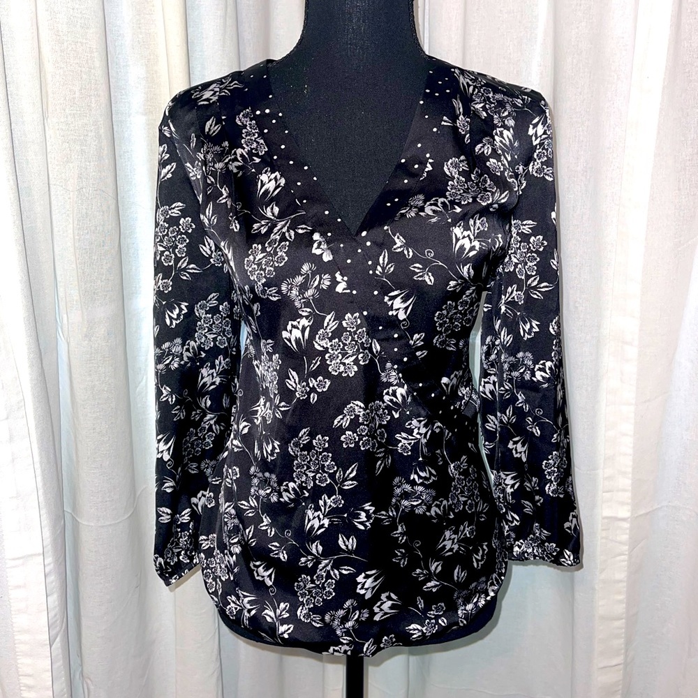 Beautiful Daniel Rainn Floral and Polka Dot Wrap Front Blouse